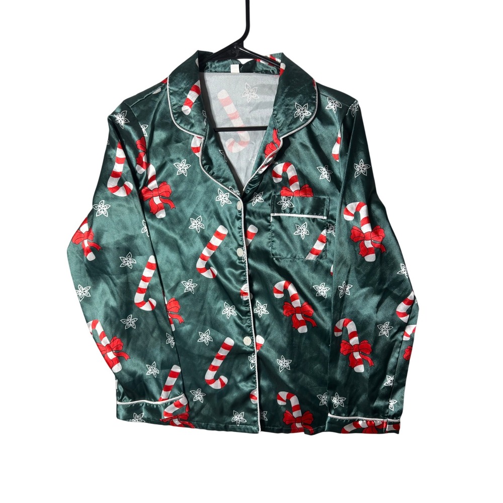 Womens Green Satin Candy Cane Christmas PJ Set Long Sleeve Button Down Pants L